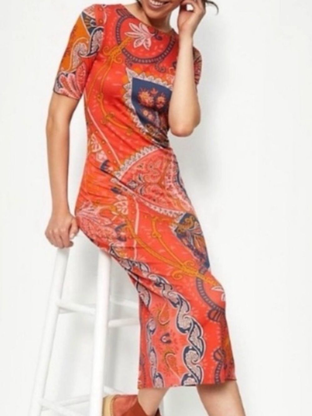 Farm Rio Giannina Knit Midi Dress Orange Paisley M